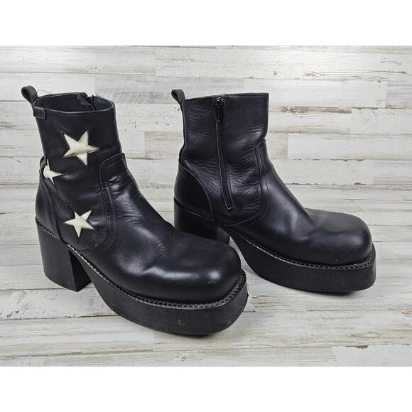 VTG Y2K DESTROY Platform Chunky Blk Leather Ankle Boots Sz43/US11.5 Star Inlays - Picture 2 of 14